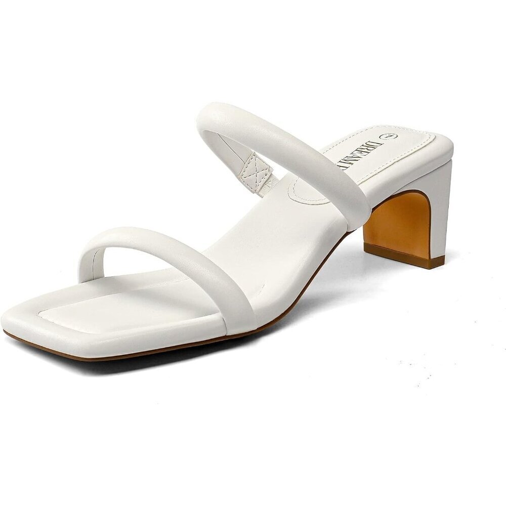 Dream Pairs Women's White Polyurethane (PU) Square Open Toe Low Block Heels